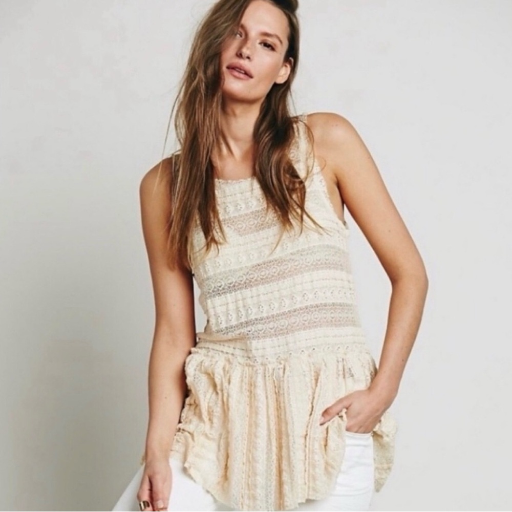 Free People Textured Pucker Lace Peplum Drop Waist boho Top Sheer Black S
